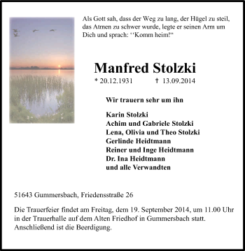 Anzeige von Manfred Stolzki von Kölner Stadt-Anzeiger / Kölnische Rundschau / Express