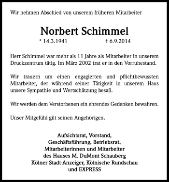 Anzeige von Norbert Schimmel von Kölner Stadt-Anzeiger / Kölnische Rundschau / Express