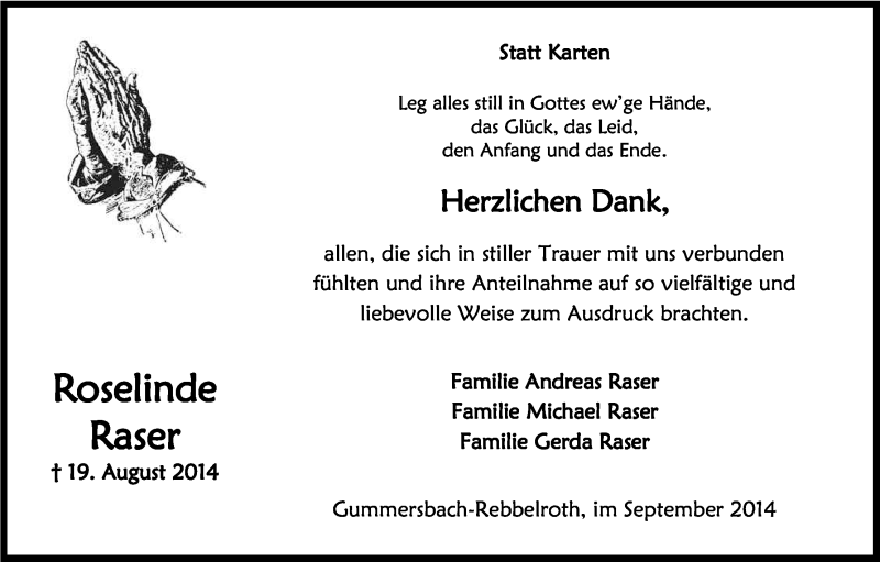  Traueranzeige für Roselinde Raser vom 20.09.2014 aus Kölner Stadt-Anzeiger / Kölnische Rundschau / Express