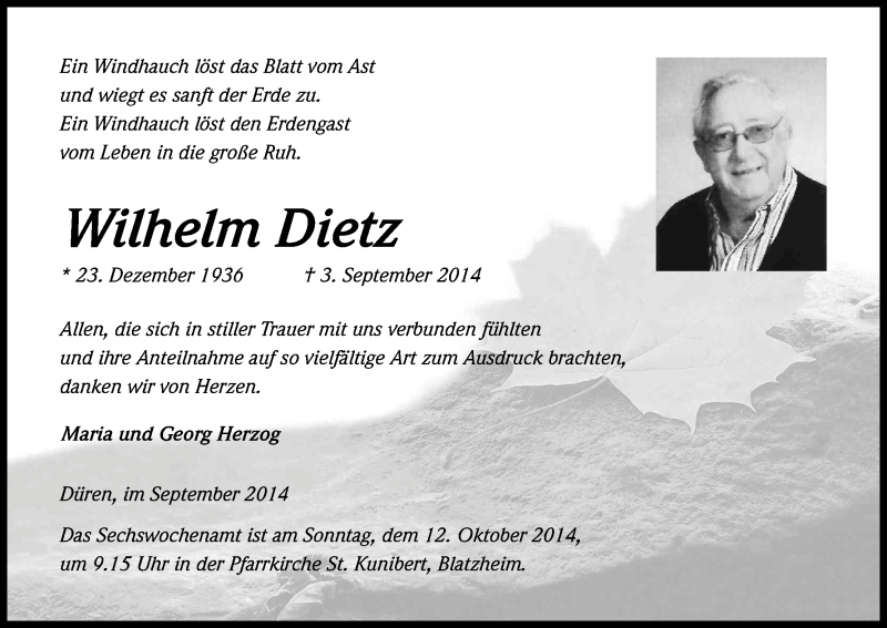  Traueranzeige für Wilhelm Dietz vom 27.09.2014 aus Kölner Stadt-Anzeiger / Kölnische Rundschau / Express