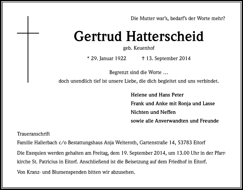  Traueranzeige für Gertrud Hatterscheid vom 17.09.2014 aus Kölner Stadt-Anzeiger / Kölnische Rundschau / Express