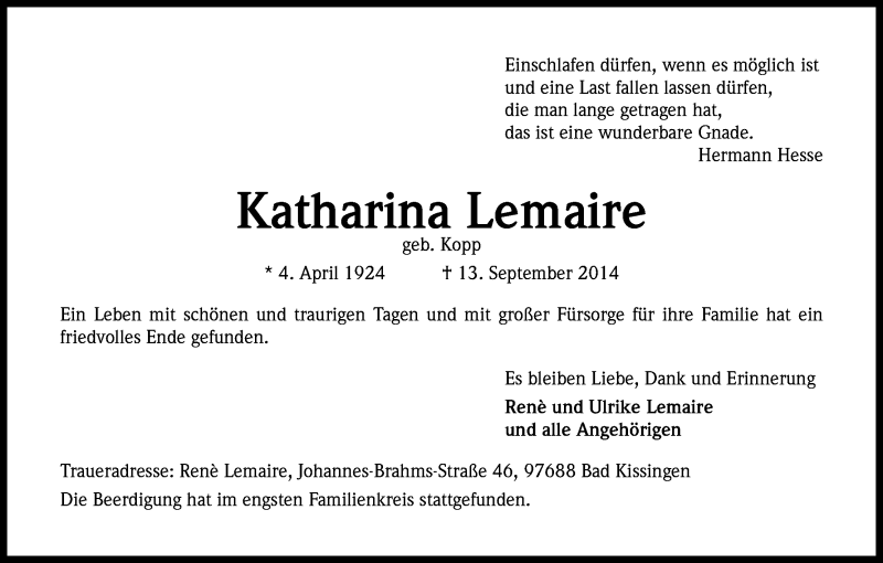  Traueranzeige für Katharina Lemaire vom 20.09.2014 aus Kölner Stadt-Anzeiger / Kölnische Rundschau / Express
