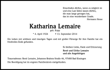 Anzeige von Katharina Lemaire von Kölner Stadt-Anzeiger / Kölnische Rundschau / Express