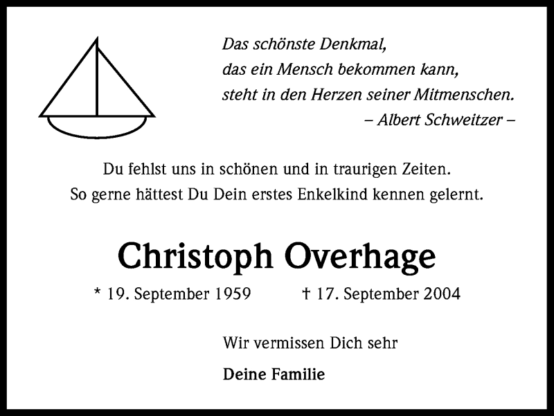  Traueranzeige für Christoph Overhage vom 17.09.2014 aus Kölner Stadt-Anzeiger / Kölnische Rundschau / Express
