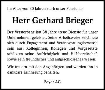 Anzeige von Gerhard Brieger von Kölner Stadt-Anzeiger / Kölnische Rundschau / Express