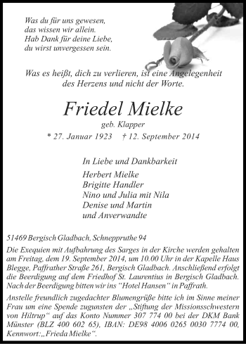 Anzeige von Friedel Mielke von Kölner Stadt-Anzeiger / Kölnische Rundschau / Express