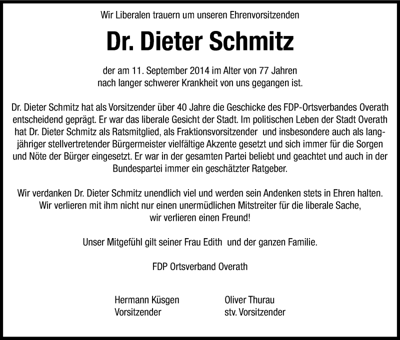  Traueranzeige für Dieter Schmitz vom 17.09.2014 aus Kölner Stadt-Anzeiger / Kölnische Rundschau / Express