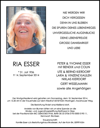 Anzeige von Ria Esser von Kölner Stadt-Anzeiger / Kölnische Rundschau / Express