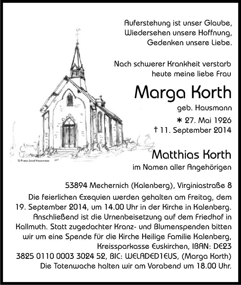  Traueranzeige für Marga Korth vom 17.09.2014 aus Kölner Stadt-Anzeiger / Kölnische Rundschau / Express