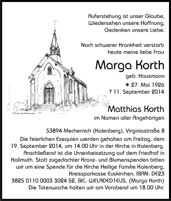 Anzeige von Marga Korth von Kölner Stadt-Anzeiger / Kölnische Rundschau / Express
