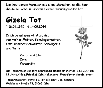 Anzeige von Gizela Tot von Kölner Stadt-Anzeiger / Kölnische Rundschau / Express