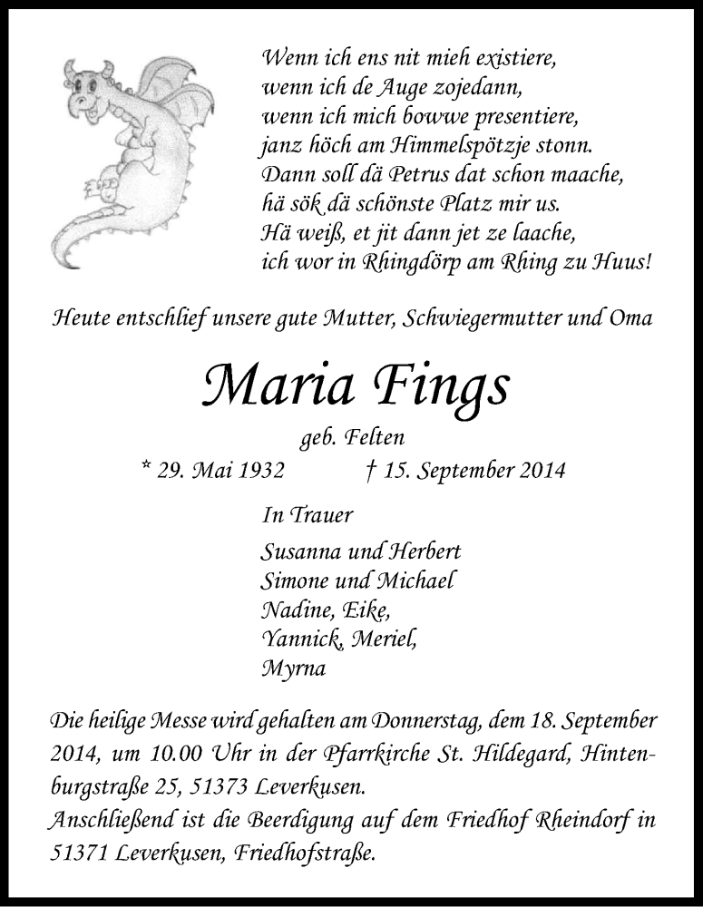  Traueranzeige für Maria Fings vom 17.09.2014 aus Kölner Stadt-Anzeiger / Kölnische Rundschau / Express