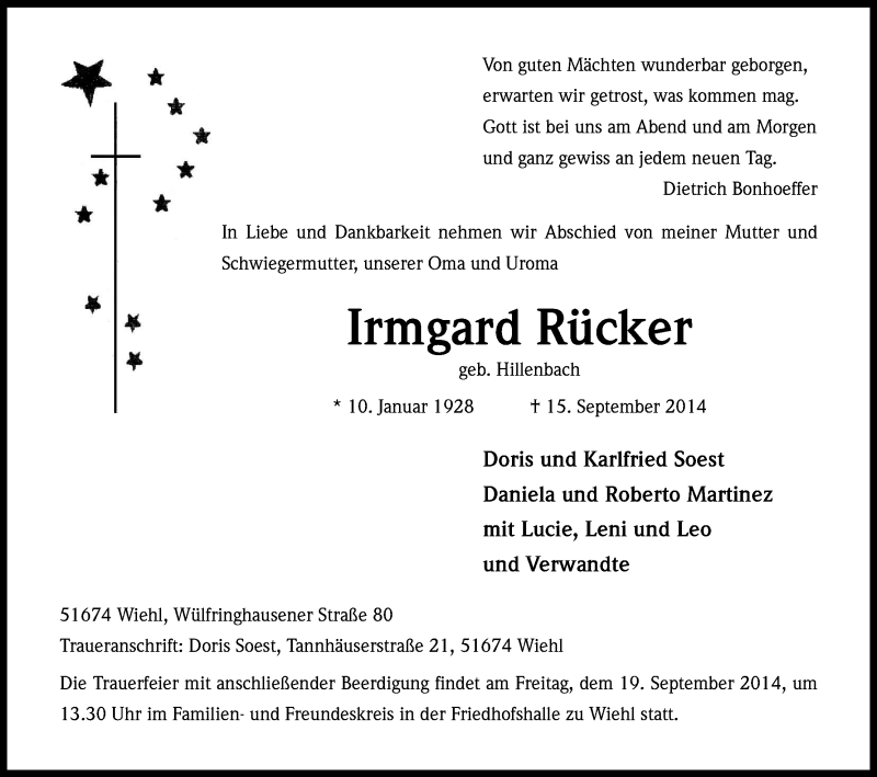  Traueranzeige für Irmgard Rücker vom 17.09.2014 aus Kölner Stadt-Anzeiger / Kölnische Rundschau / Express