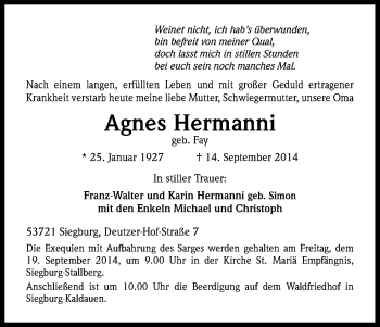 Anzeige von Agnes Hermanni von Kölner Stadt-Anzeiger / Kölnische Rundschau / Express