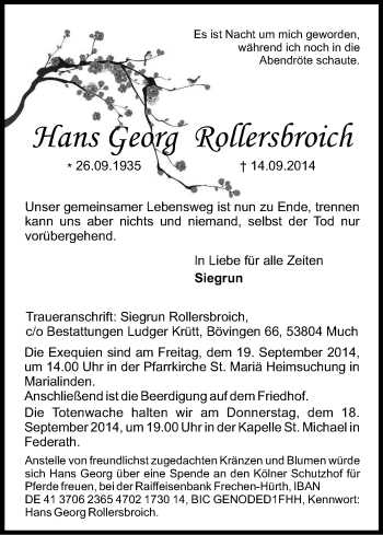 Anzeige von Hans Georg Rollersbroich von Kölner Stadt-Anzeiger / Kölnische Rundschau / Express