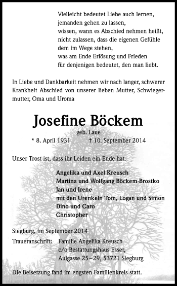 Anzeige von Josefine Böckem von Kölner Stadt-Anzeiger / Kölnische Rundschau / Express