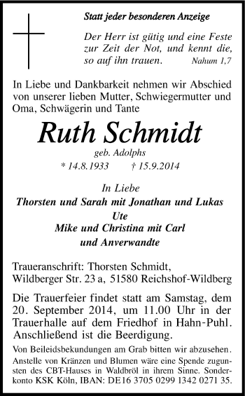 Anzeige von Ruth Schmidt von Kölner Stadt-Anzeiger / Kölnische Rundschau / Express