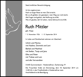 Anzeige von Ruth Mittler von Kölner Stadt-Anzeiger / Kölnische Rundschau / Express
