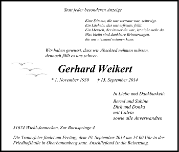 Anzeige von Gerhard Weikert von Kölner Stadt-Anzeiger / Kölnische Rundschau / Express