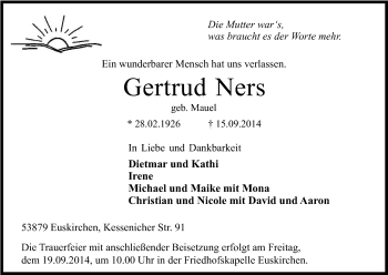 Anzeige von Gertrud Ners von Kölner Stadt-Anzeiger / Kölnische Rundschau / Express