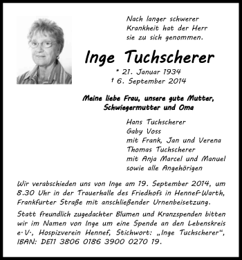 Anzeige von Inge Tuchscherer von Kölner Stadt-Anzeiger / Kölnische Rundschau / Express