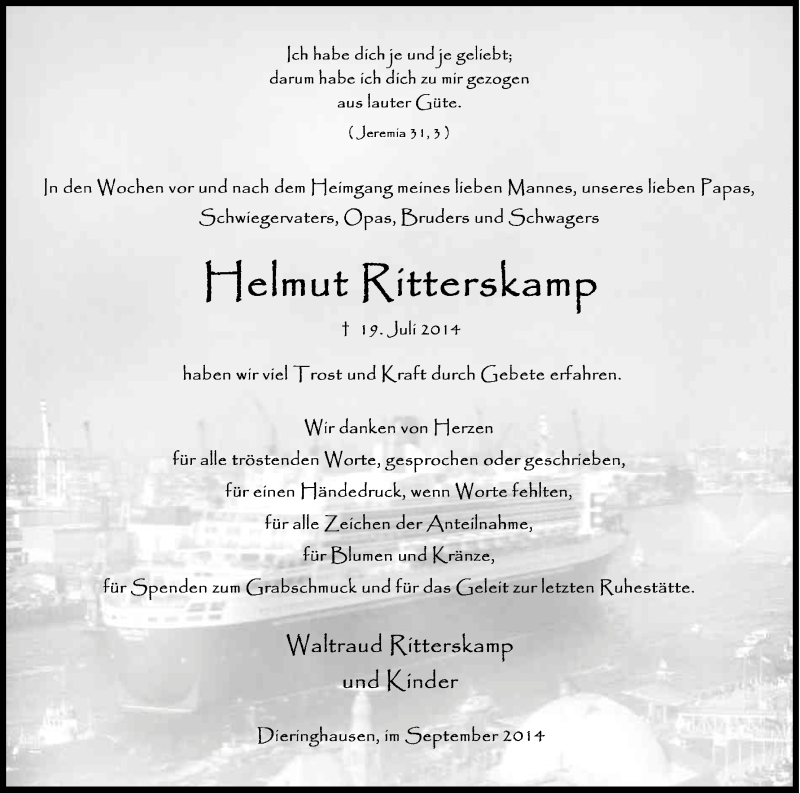  Traueranzeige für Helmut Ritterskamp vom 17.09.2014 aus Kölner Stadt-Anzeiger / Kölnische Rundschau / Express
