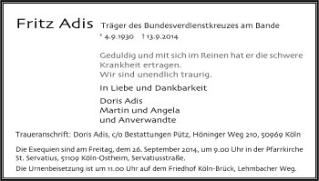 Anzeige von Fritz Adis von Kölner Stadt-Anzeiger / Kölnische Rundschau / Express