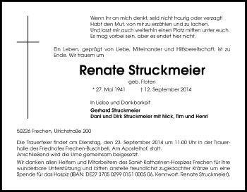 Anzeige von Renate Struckmeier von Kölner Stadt-Anzeiger / Kölnische Rundschau / Express