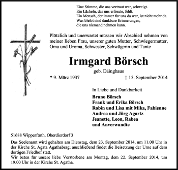 Anzeige von Irmgard Börsch von Kölner Stadt-Anzeiger / Kölnische Rundschau / Express