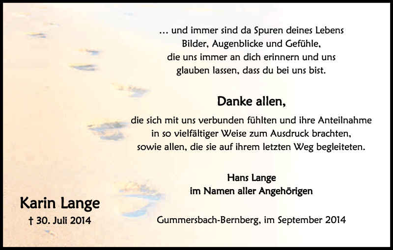 Traueranzeige für Karin Lange vom 24.09.2014 aus Kölner Stadt-Anzeiger / Kölnische Rundschau / Express