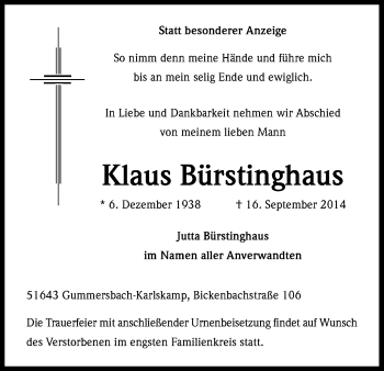Anzeige von Klaus Bürstinghaus von Kölner Stadt-Anzeiger / Kölnische Rundschau / Express
