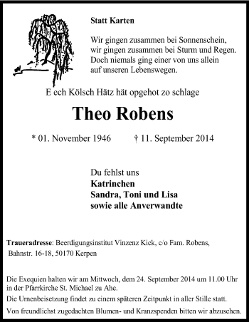 Anzeige von Theo Robens von Kölner Stadt-Anzeiger / Kölnische Rundschau / Express