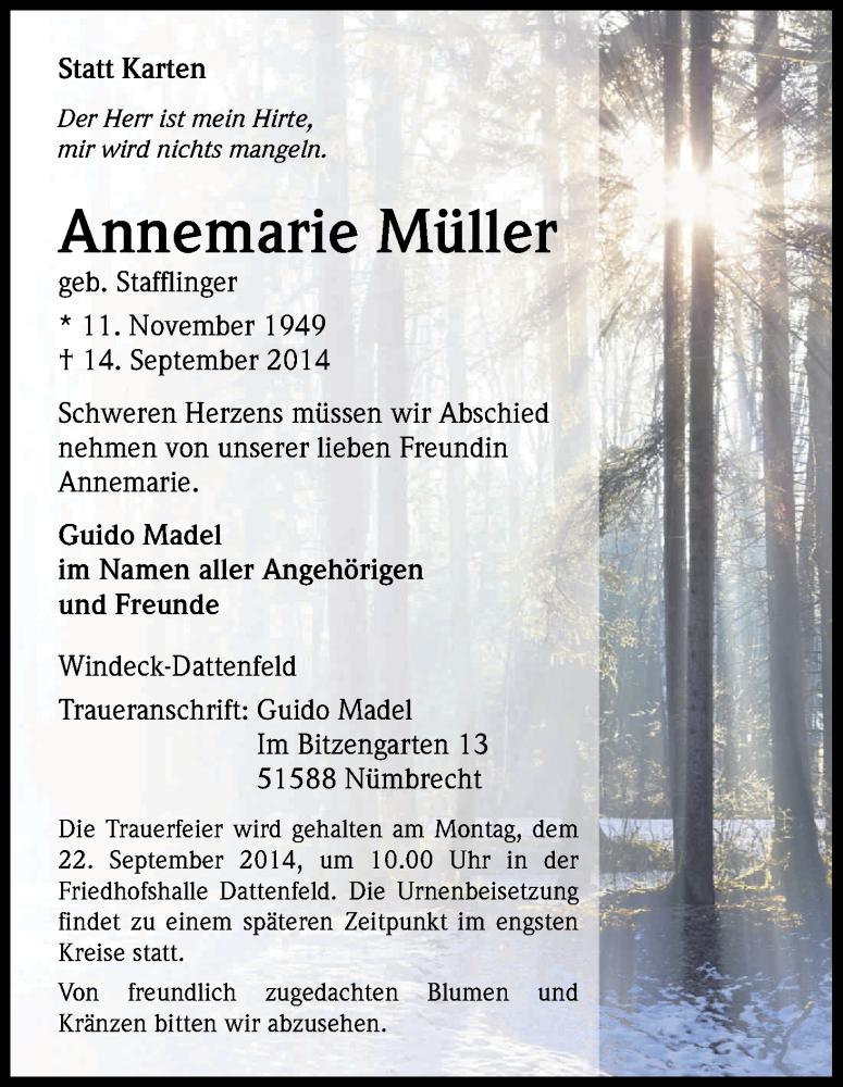  Traueranzeige für Annemarie Müller vom 19.09.2014 aus Kölner Stadt-Anzeiger / Kölnische Rundschau / Express