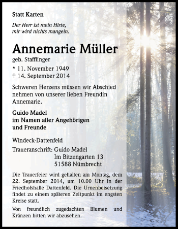 Anzeige von Annemarie Müller von Kölner Stadt-Anzeiger / Kölnische Rundschau / Express