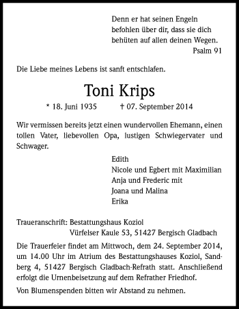 Anzeige von Toni Krips von Kölner Stadt-Anzeiger / Kölnische Rundschau / Express