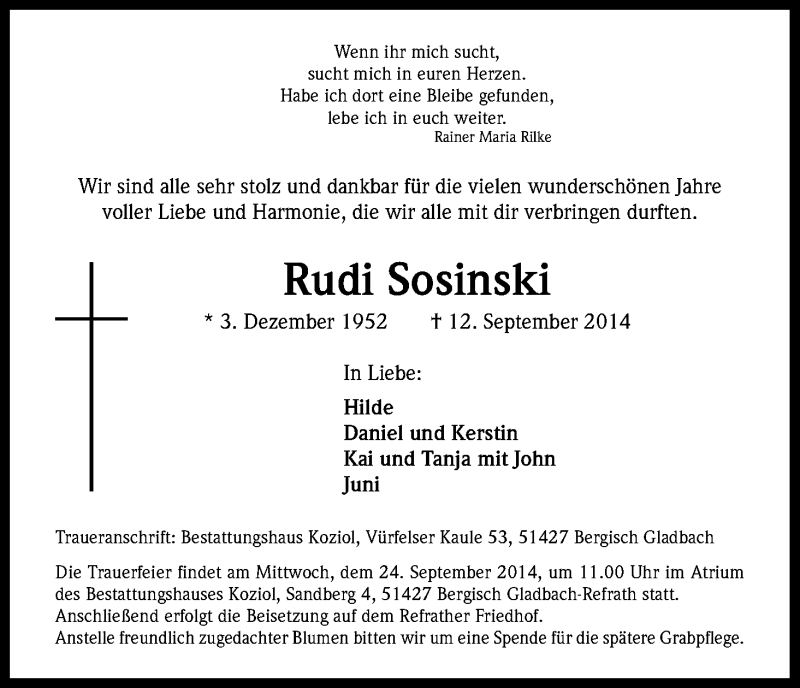  Traueranzeige für Rudi Sosinski vom 20.09.2014 aus Kölner Stadt-Anzeiger / Kölnische Rundschau / Express