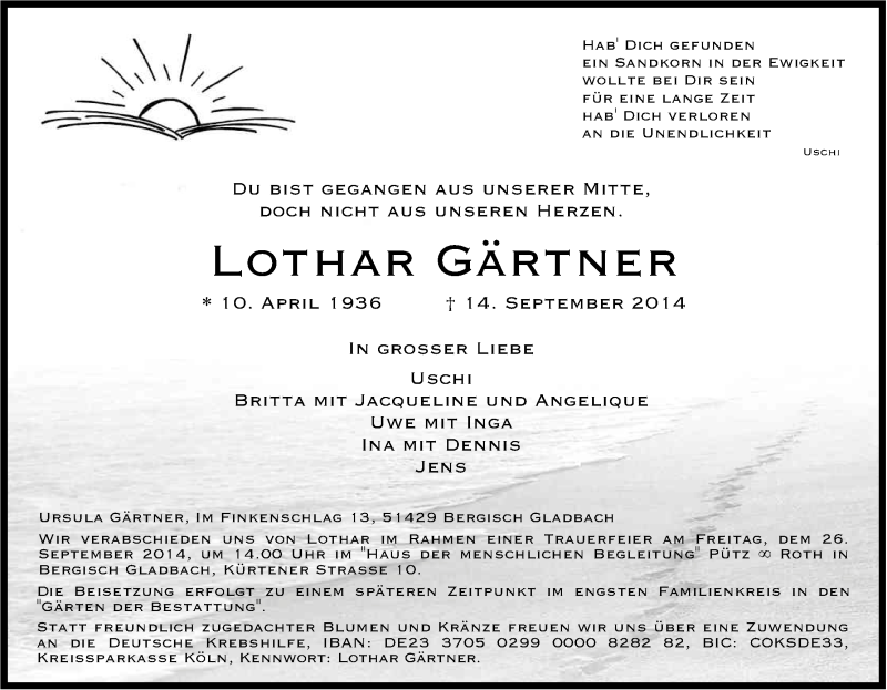 Traueranzeigen von Lothar Gärtner WirTrauern