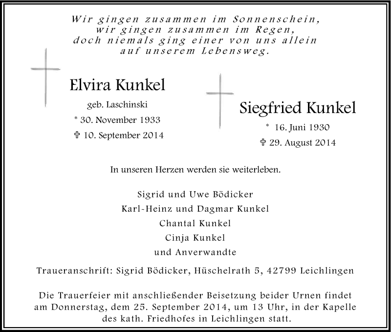  Traueranzeige für Elvira und Siegfried Kunkel vom 20.09.2014 aus Kölner Stadt-Anzeiger / Kölnische Rundschau / Express