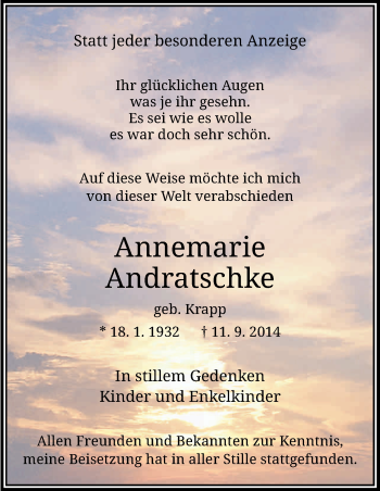 Anzeige von Annemarie Andratschke von Kölner Stadt-Anzeiger / Kölnische Rundschau / Express