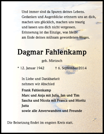 Anzeige von Dagmar Fahlenkamp von Kölner Stadt-Anzeiger / Kölnische Rundschau / Express