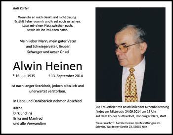 Anzeige von Alwin Heinen von Kölner Stadt-Anzeiger / Kölnische Rundschau / Express