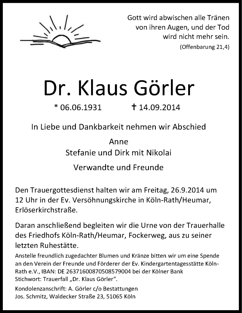  Traueranzeige für Klaus Görler vom 20.09.2014 aus Kölner Stadt-Anzeiger / Kölnische Rundschau / Express