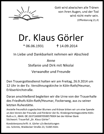 Anzeige von Klaus Görler von Kölner Stadt-Anzeiger / Kölnische Rundschau / Express