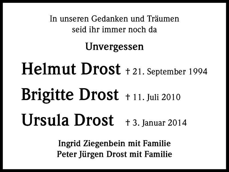  Traueranzeige für Helmut und Brigitte und Ursula Drost vom 20.09.2014 aus Kölner Stadt-Anzeiger / Kölnische Rundschau / Express