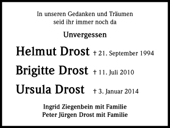 Anzeige von Helmut und Brigitte und Ursula Drost von Kölner Stadt-Anzeiger / Kölnische Rundschau / Express