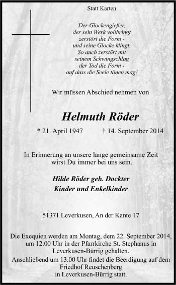 Anzeige von Helmuth Röder von Kölner Stadt-Anzeiger / Kölnische Rundschau / Express