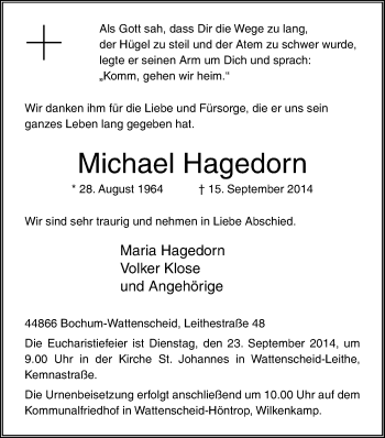 Anzeige von Michael Hagedorn von Kölner Stadt-Anzeiger / Kölnische Rundschau / Express