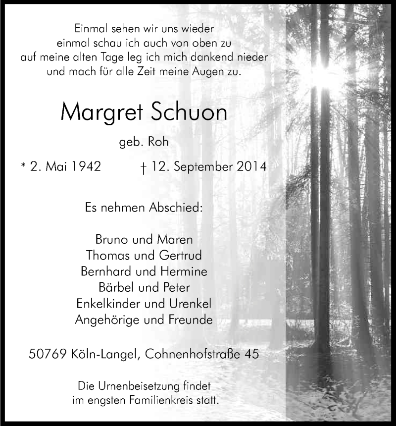  Traueranzeige für Margret Schuon vom 20.09.2014 aus Kölner Stadt-Anzeiger / Kölnische Rundschau / Express