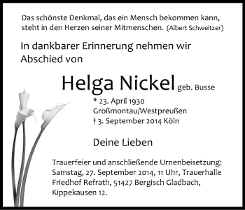 Anzeige von Helga Nickel von Kölner Stadt-Anzeiger / Kölnische Rundschau / Express