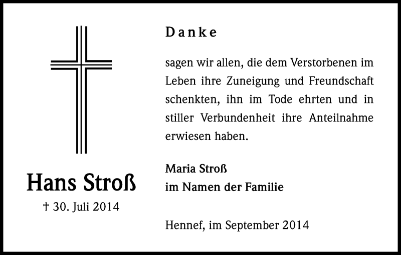  Traueranzeige für Hans Stroß vom 20.09.2014 aus Kölner Stadt-Anzeiger / Kölnische Rundschau / Express